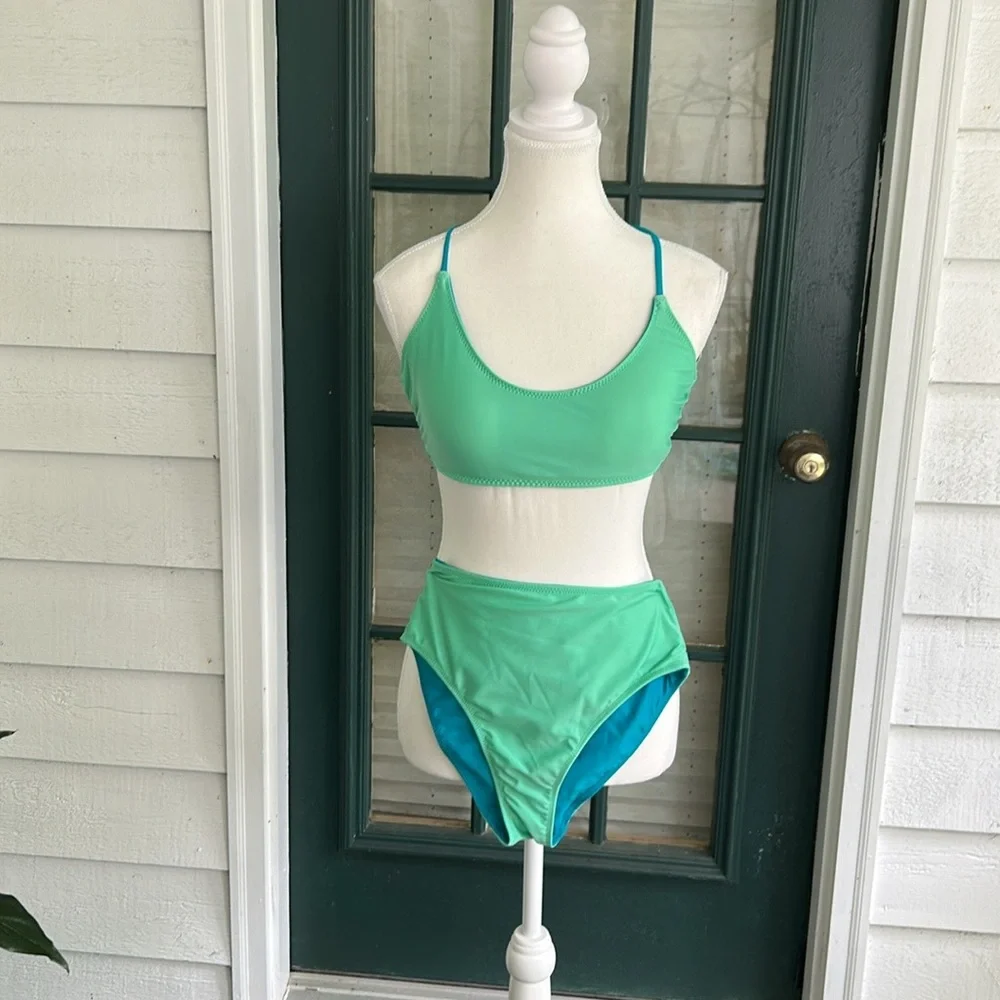 No Boundaries NWT Reversible High Teal & Green Waisted Bikini Bottom